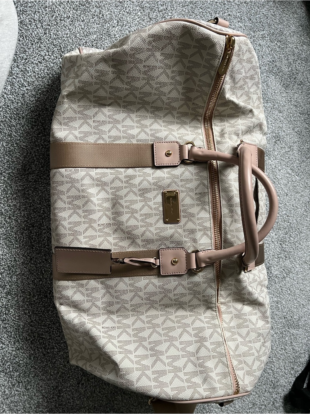 Michael Kors Beige Logo Canvas Weekender Bag with Pink Trim